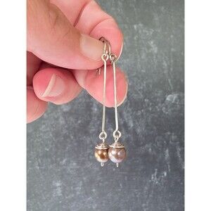 925 Sterling Silver Chocolate Pearl Beaded Dangling Pierced Earrings Vintage